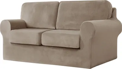 Produktbild von 2-Sitzer-Sofabezug mit 2 separaten Kissen und 2 Rückenlehnenbezügen, 5-teiliger Stretch-Sofabezug, Ersatz-Möbelschutz (Loveseat, Khaki)