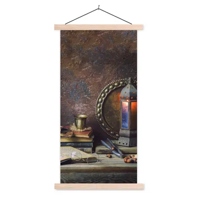 Produktbild von MuchoWow® Textilposter Buch - Stilleben - Walnuss - Laterne - Vintage 40x80 cm mit holzfarbenen Rahmen - Wohnzimmer
