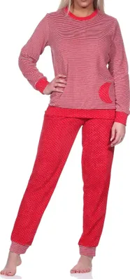Produktbild von Damen Frottee Pyjama mit Bündchen im Herz Tupfen- und Ringeldesign  - auch in Übergrößen ; Ringel , 60/62