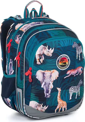 A backpack with a safari animal print.