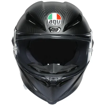 A front view of a black AGV Pista GP RR Integralhelm Mono Matt Carbon motorcycle helmet against a white background.