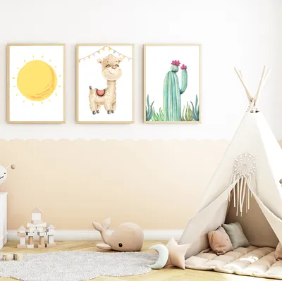Produktbild von Sonne Lama Kaktus 3er Set Bilder Kinderzimmer Deko DIN A4 Poster Babyzimmer Wandbilder