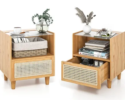 Produktbild von COSTWAY 2er Nachttisch Bambus, Beistelltisch mit Schublade, Glastischplatte, Nachtschrank 43x35x50cm