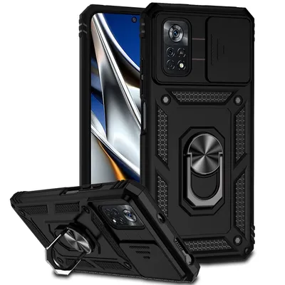 Obrázek produktu pro Pouzdro pro Xiaomi Poco X4 Pro 5G dvouvrstvé pouzdro s posuvným krytem kamery a prstencovým stojánkem černé