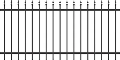 A black metal fence with pointed tops against a white background.