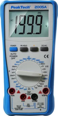 A digital multimeter is shown against a white background.