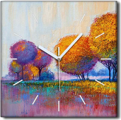 Produktbild von Coloray Uhr auf Leinwand 30x30 cm Wand Uhr Dekoration Wohnzimmer Segeltuch weiße Zeiger -Bunte Bäumewald