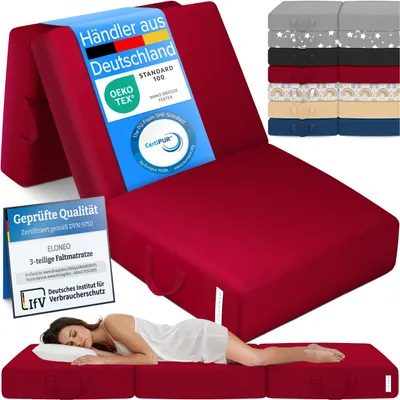 Produktbild von ELONEO Klappmatratze, Gästematratze, 3-teilige Faltmatratze, Schaumstoff extra dick(15cm),  Bandscheibenwürfel, klappbar, faltbare Matratze, (Rot)