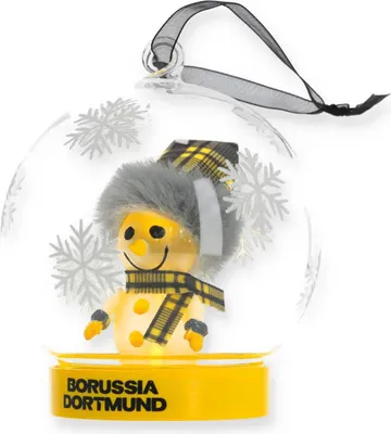 A Christmas ornament with a snowman inside a clear ball, featuring the Borussia Dortmund logo on the base.