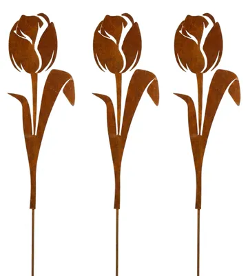 Produktbild von 3x Tulpen, Gartenfiguren & Gartenstatuen - Gartendeko Rost - Gartenstecker, Rost Deko für Garten - Rostdeko Gartendeko für draußen - Cortenstahl - Balkon deko