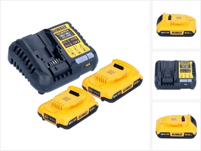 A DeWALT battery charger and two batteries are displayed against a white background.