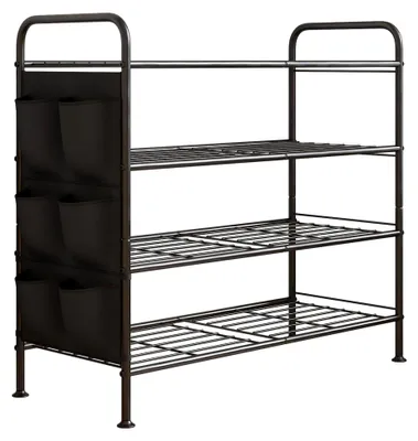 Produktbild von Schuhregal 4 Ebenen Schuhaufbewahrung Organizer Metall mit Seitentaschen für Flur, Schlafzimmer (Schwarz, 4 Ebenen)
