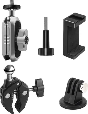 Zdjęcie produktu dla Mocowanie kamery, mocowanie zaciskowe, mocowanie adaptera na kierownicę roweru, stop aluminium, udźwig 1,5 kg z dwiema obrotowymi głowicami kulowymi 360′ã z adapterem GoPro, klipsem na telefon, kompatybilne z SJCAM AKASO DJI GoPro Hero 11/10/9/8/7, Insta360 One/X2/X3 i innymi kamerami akcji