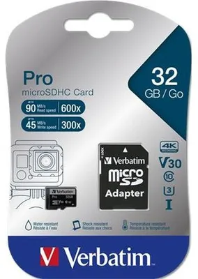 Obrázok produktu pre Verbatim Pro, 32 GB, MicroSDHC, Trieda 10, UHS, 90 MB/s, 45 MB/s