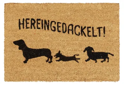 Obrázek produktu pro Relaxdays kokosová rohož „Hereingedackelt“, kokosová rohož s motivem psa, rohož do interiéru i exteriéru, rohožka 40 x 60 cm, přírodní