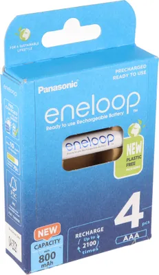 A blue cardboard box containing four AAA Panasonic Eneloop rechargeable batteries.