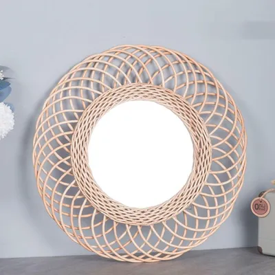 Immagine prodotto di Specchio decorativo da parete - Specchio rotondo da parete - Specchio con cornice in rattan - Cornice in legno - 40 cm - Elegante decorazione da parete - Specchio decorativo