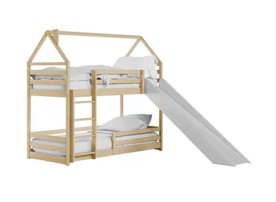 Produktbild von Hochbett mit Rutsche 90x200 cm, Hausbett, Etagenbett mit Rausfallschutz und Leiter, Bett Bed Bodenbett Jugendbett Spielbett für 2 Kinder, Kinderzimmer Sicherheit, Stabil Kiefer Holz massiv, in Natur