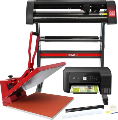 Produktbild von PixMax T-Shirtpresse Sublimationspresse Transferpresse Hitzepresse Heisspresse 50cm x 50cm & PixMax Vinyl Schneideplotter Plotter  mit GRATIS Sublimationspapier + 3 Roland Schneidemesser ,Vorbereitungsset
