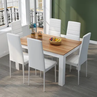 Image de Meerveil Table de salle à manger en bois Set de table de cuisine avec 6 chaises blanc