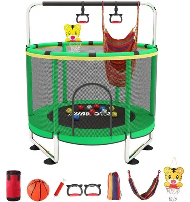Produktbild von Trampolin für Kinder mit Basketballkorb, verstellbar, 200 kg, Indoor/Outdoor, Grün