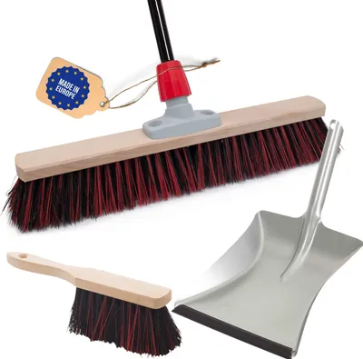Produktbild von Novaliv Straßenbesen mit Stiel 50 cm Arenga-Elaston Borsten inkl. Kehrgarnitur verzinkt bestehend aus Kehrblech und Handfeger Ideal als Gartenbesen Terassenbesen Hofbesen Kehrbesen Outdoor broom