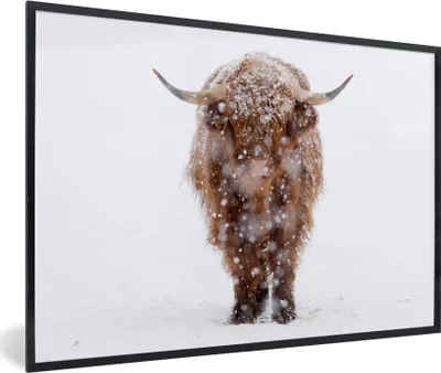 Produktbild von MuchoWow® Gerahmtes Poster Schottischer Hochländer - Kuh - Schnee 90x60 cm - Poster mit Schwarzem Bilderrahmen Wandposter Rahmen Foto Bilder - Fotorahmen - Foto-Plakat
