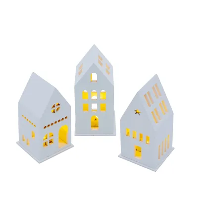 Image de 1.10 maisons LED blanches en bois - set de 3 / chacune env. 13 cm - maison décorative en 3 motifs différents