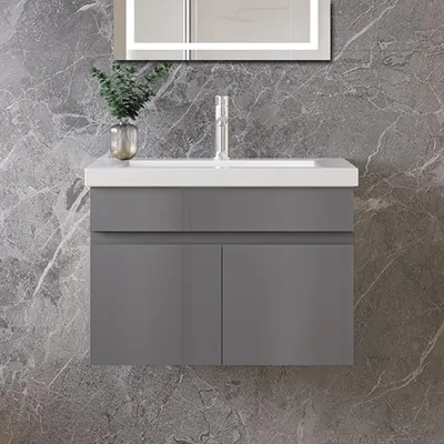 Produktbild von 60cm Mineralguss Waschtisch mit Unterschrank Badmöbel Set mit Türs Soft-close - Hochglanz Anthrazit