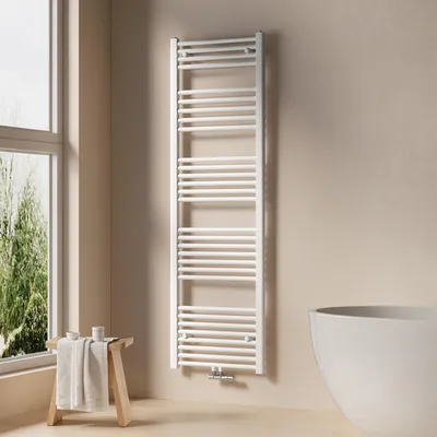 A white towel radiator is shown in a modern bathroom setting next to a window and a bathtub.