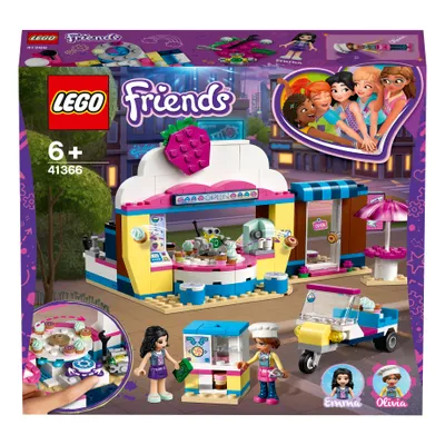 The image shows the packaging of a LEGO Friends Olivias Cupcake-Café set, featuring the building toy and characters.