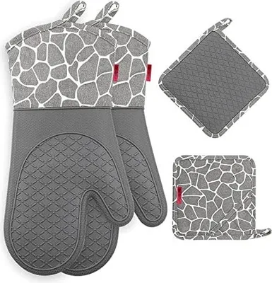 Produktbild von Gesentur Ofenhandschuh, Topfhandschuhe Anti-Rutsch Hitzebeständige Silikon und Baumwolle 1 Paar und 2 Topflappen (Gray)