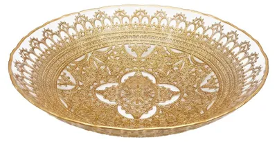 Produktbild von Servierplatte aus Glas mit goldfarbener Spitzenmusterung, 33x33x7,5 cm