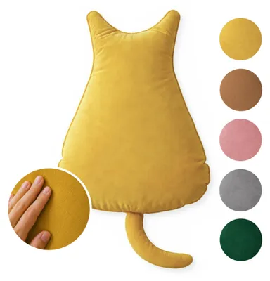 Produktbild von MEBLE ODNOWA, Dekorativer Kissen, Zierkissen, Katzenform, Dekokissen Katze, Gelb, 48x38cm, Samt, Velours, Strapazierfähig, Maschinenwaschbar