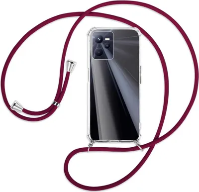 Produktbild von Handykette Backcover-Schutzhülle mit Band (Metall silberfarben) für Realme C35 - dunkelrot