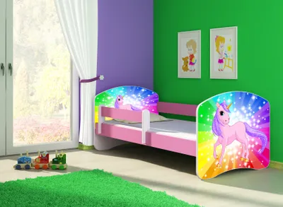 Produktbild von ACMA Jugendbett Kinderbett Junior-Bett Komplett-Set mit Matratze Lattenrost und Rausfallschutz Rosa 18 Pony Regenbogen 140x70