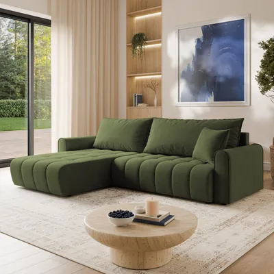 Produktbild von Masseno Ecksofa FRIGA mit Schlaffunktion L-Form, Sofa mit Bettkasten, Wohnzimmersofa, Couch, Soffa, Bettsofa, Couchgarnitur- Olivgrün, ARAGON 39