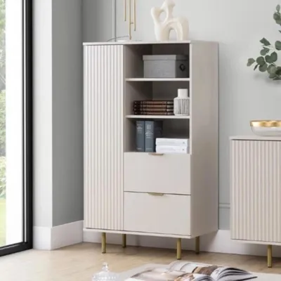 Produktbild von Bücherregal Nubia R1D2SZ Standregal mit 1-Tür und 2-Schubladen Push to Open system Vitrine gefräste Fronten (Kaschmir + goldene Beine)