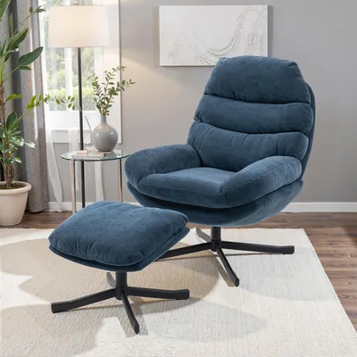 Zdjęcie produktu dla Fotel relaksacyjny z podnóżkiem, obrotowy o 360°, fotel wypoczynkowy obity tkaniną chenille, kolor niebieski | 93 x 78 x 100 cm | wysokość oparcia: 41 cm | szerokość siedziska: 26 cm
