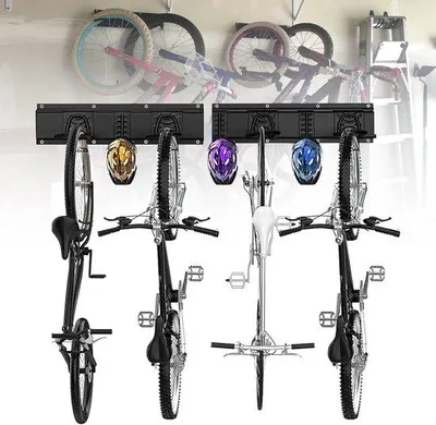 Obrázok produktu pre Nástenný držiak na bicykle pre 4 bicykle a 3 háčiky na bicykle, držiak na bicykle do garáže alebo do domácnosti, vertikálny nástenný držiak na bicykle, bezpečný háčik, nosnosť až 250 kg, šetrí miesto