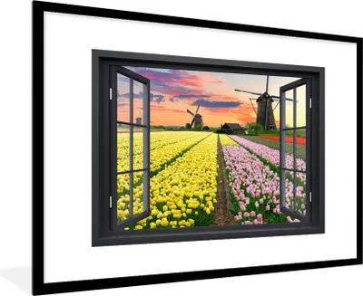 Produktbild von MuchoWow® MuchoWow® Gerahmtes Poster Aussicht - Tulpen - Sonnenuntergang 90x60 cm - Poster mit zchwarzem Bilderrahmen - Wanddekoration - Fotos
