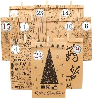 Produktbild von Adventskalender zum Selbstgestalten - 24 Geschenktüten - Nummerierte Aufkleber - Holzclips - 23,5 x 12 cm - Wiederverwendbares Kraftpapier - Kalender