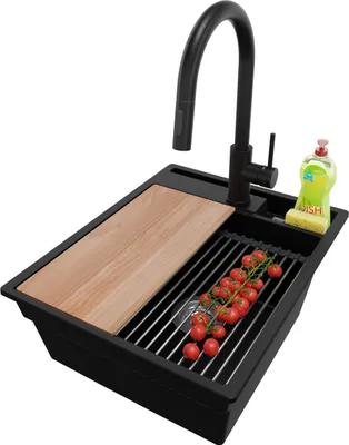 Produktbild von PRIMAGRAN Granitspüle Schwarz 43x53cm, Spülbecken 1 Becken + Ablauf-Set + Küchenzubehörset, Küchenspüle ab 45er Unterschrank - Oslo Pocket