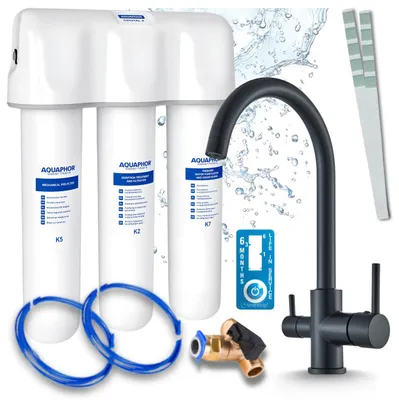Produktbild von Ari 3-Wege-Küchenarmatur Linko, Schwarz Matt, Spültischarmatur Im Set Mit Aquaphor Wasserfiltersystem, Untertischanlage, 360° Schwenkbar