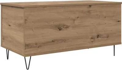 A wooden storage chest with black hairpin legs, shown from the front on a white background.