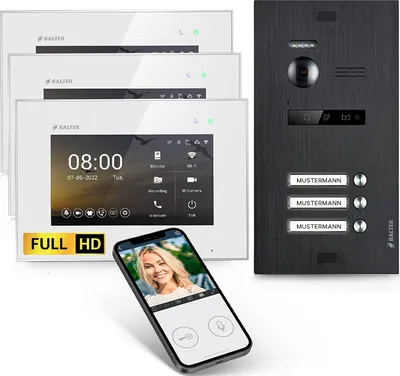 Produktbild von HD Video Türsprechanlage mit Smartphone App für 3 Familienhaus, 3x Monitor, Balter EVO HD WLAN Schwarz
