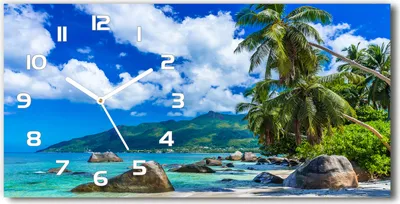 Produktbild von Wanduhr aus Glas – 60x30 cm - Glasbild - Glasuhr - Gehärtetes Glas - weisse-zeiger - Seychellen-Strand