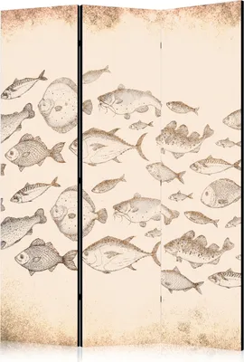 Produktbild von 3-teiliger Einseitiger Vlies Paravent - Sketch of a Fish School - Sketches of Various Fish Species Swimming in a School on a Beige Background in Vintage Style 135x172 cm Tiere g-C-10165-z-a