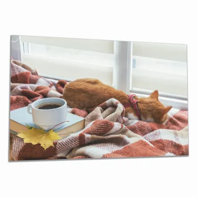 Produktbild von Wallario Herdabdeckplatte aus Glas, Größe 80 x 52 cm 1-teilig, Motiv Schlafende Katze beim Kaffeekränzchen