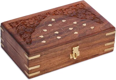 Ajuny Schmuckbox aus braunem Holz mit floralen Schnitzereien und Messingeinlagen